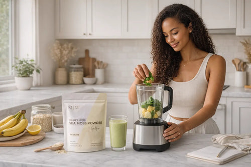Millie’s Moss sea moss powder pouch with a green smoothie and a woman preparing a smoothie in a bright kitchen.