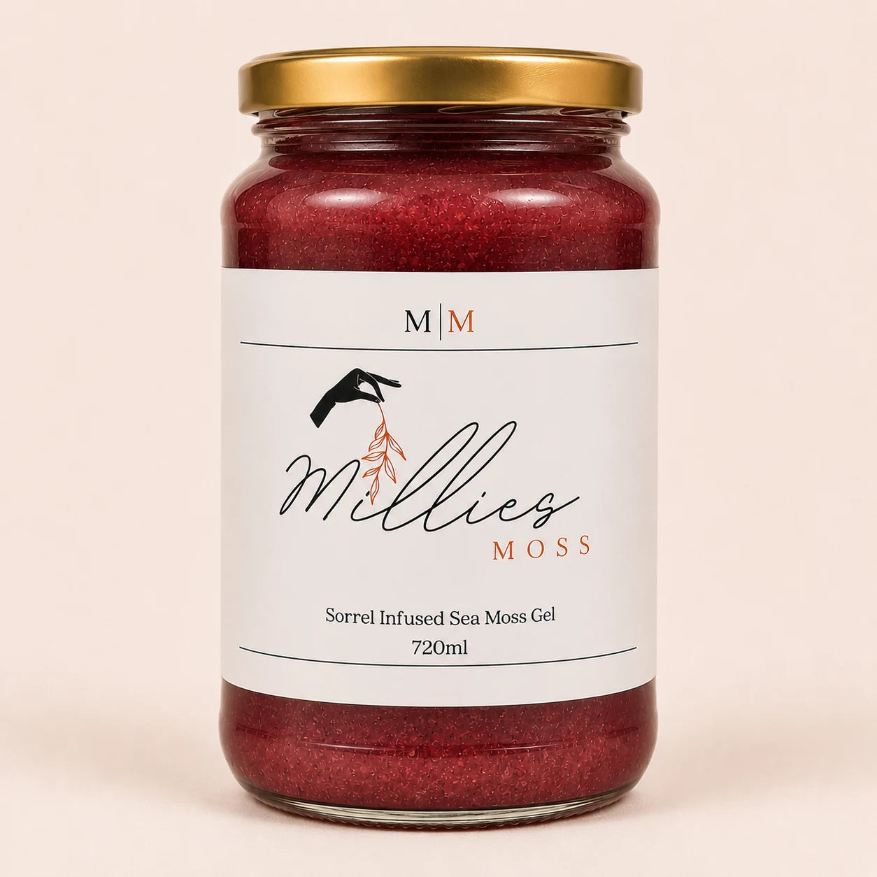Millie’s Moss Sorrel Infused Sea Moss Gel 720ml jar on a warm off-white background.
