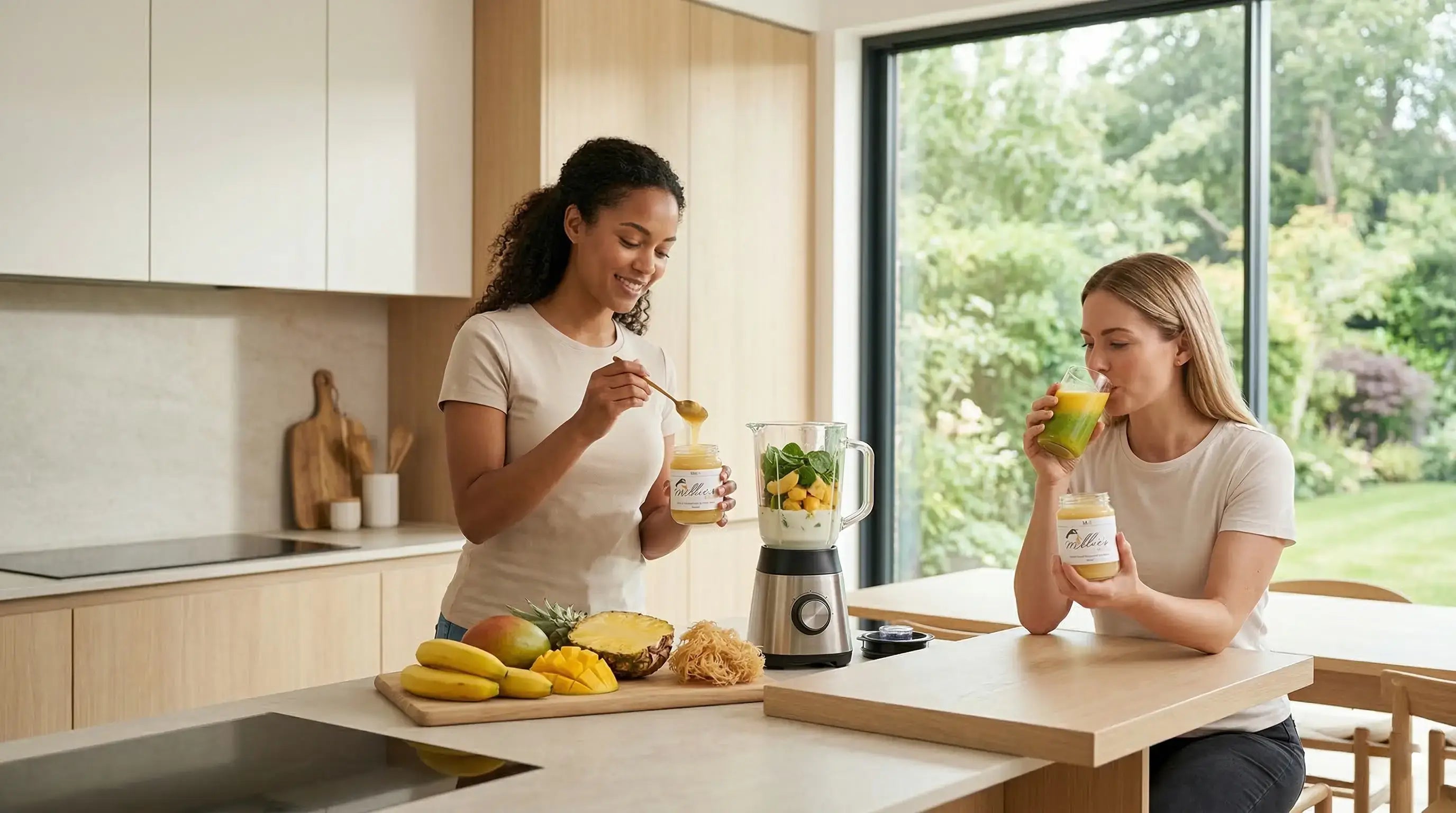 Two women making a smoothie with sea moss gel and fresh fruit in a bright kitchen