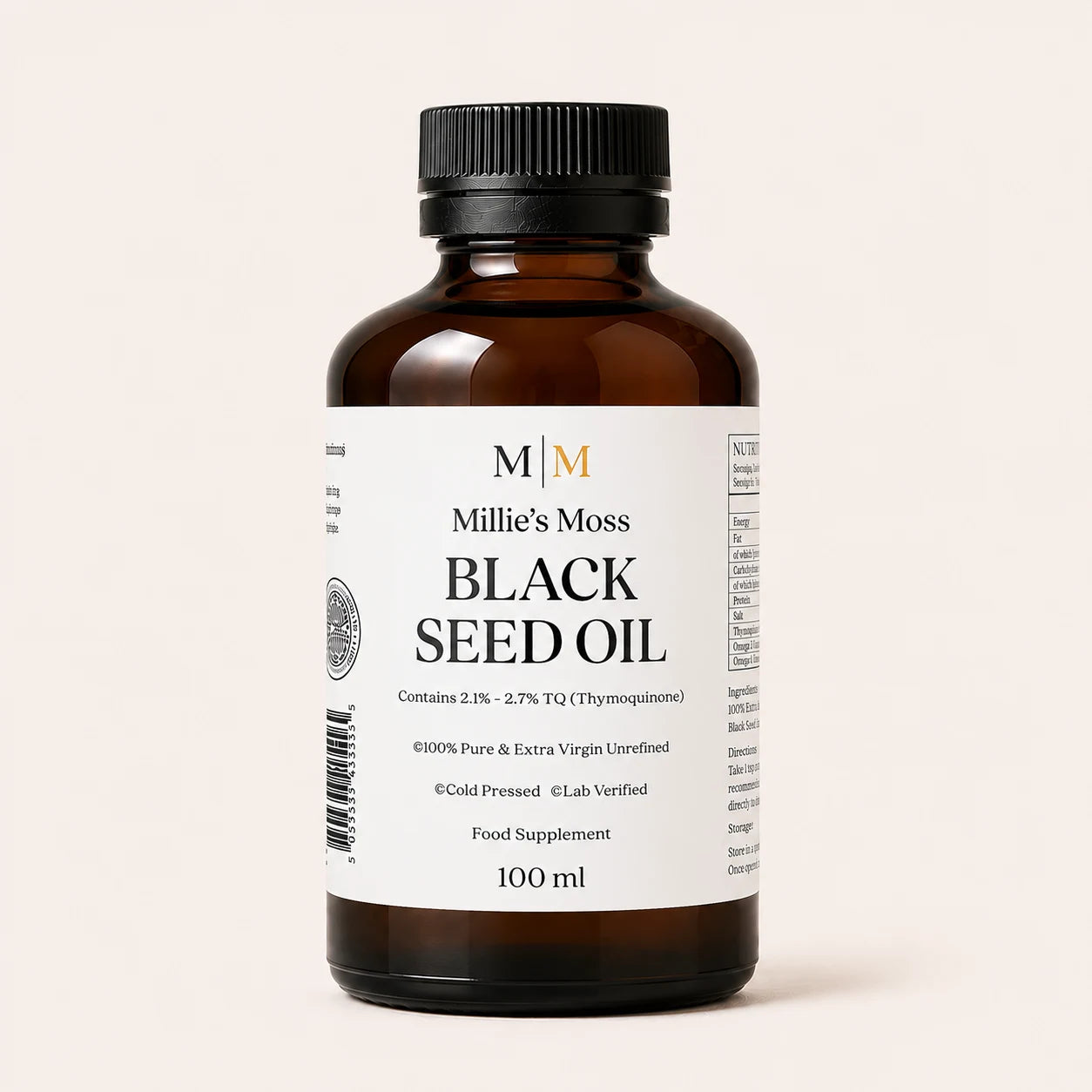 Front view of Millie's Moss High Strength Black Seed Oil 100ml bottle on an off-white background.