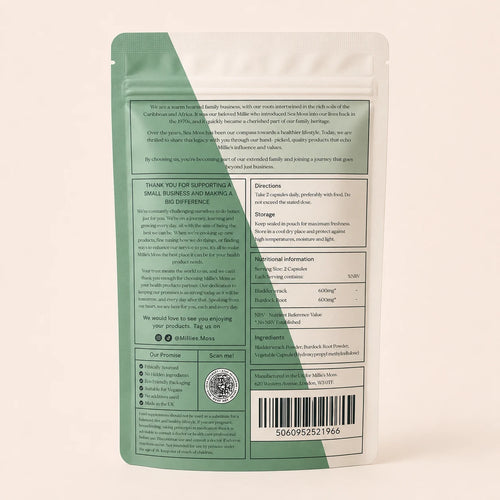 Back pack shot of Millie’s Moss Bladderwrack & Burdock Root Capsules showing the supplement information label.