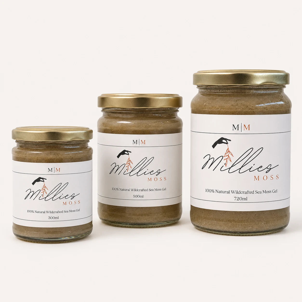 Millie's Moss Bladderwrack & Burdock Root Infused Sea Moss Gel bundle with 300ml, 500ml and 720ml jars