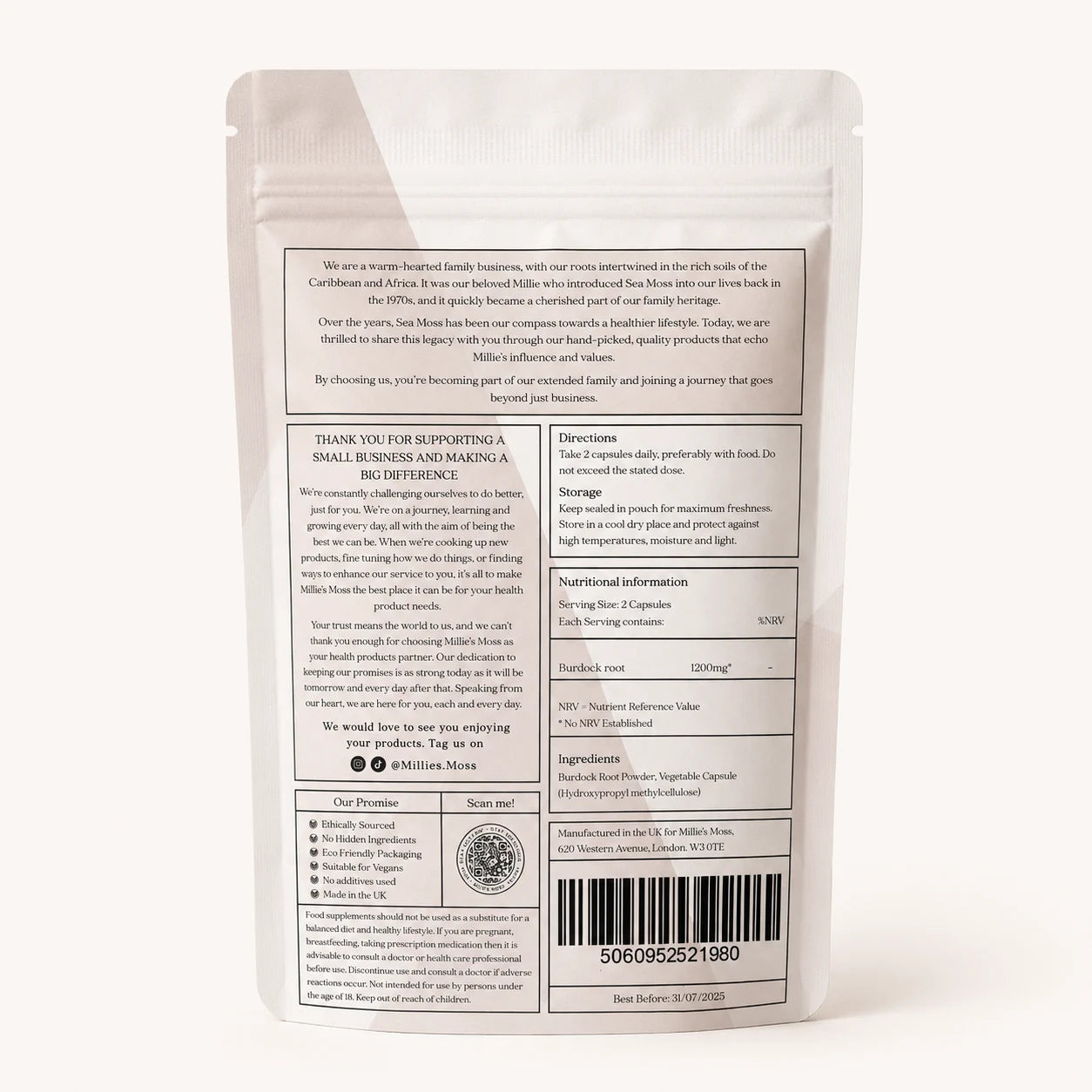 Back of Millie’s Moss Burdock Root Capsules pouch showing directions, storage, ingredients, nutritional information and barcode