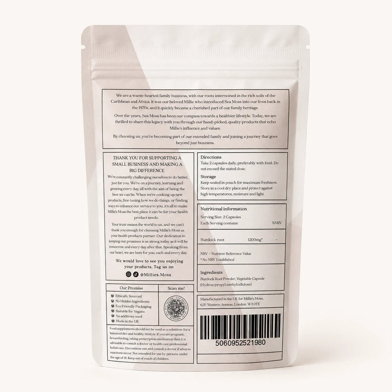 Back of Millie’s Moss Burdock Root Capsules pouch showing directions, storage, ingredients, nutritional information and barcode