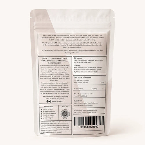 Back of Millie’s Moss Burdock Root Capsules pouch showing directions, storage, ingredients, nutritional information and barcode