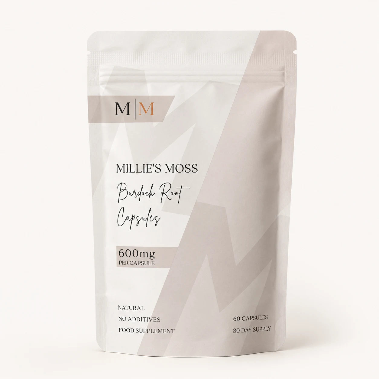 Millie’s Moss Burdock Root Capsules pouch front showing 600mg per capsule, 60 capsules and 30 day supply