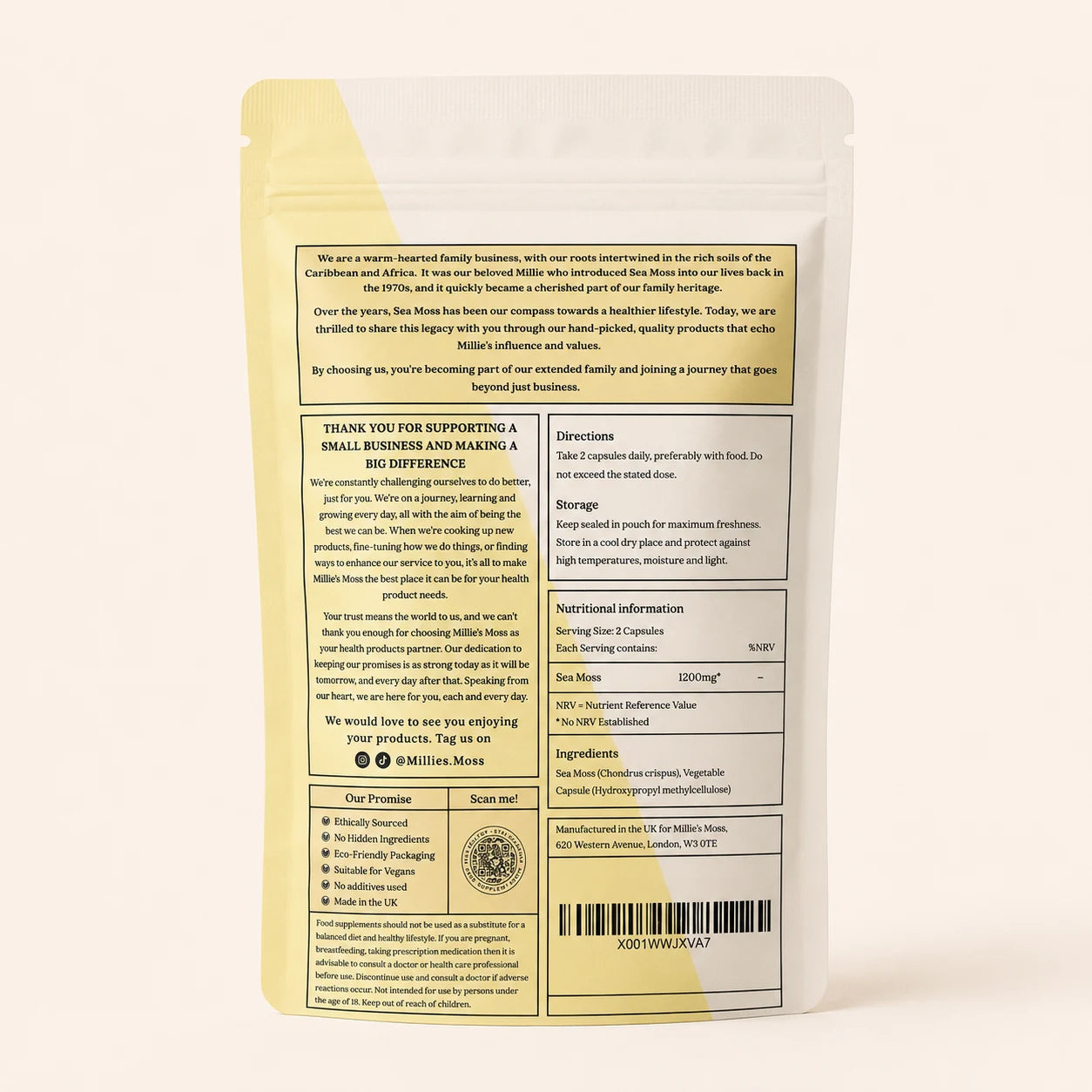 Back of Millie’s Moss Golden Sea Moss Capsules pouch showing directions, storage, ingredients, nutritional information and barcode.