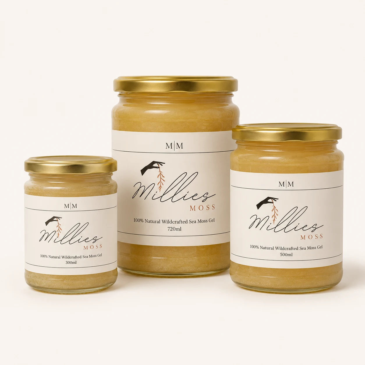 Millie’s Moss Premium Golden Sea Moss Gel bundle showing 300ml, 500ml and 720ml jars together