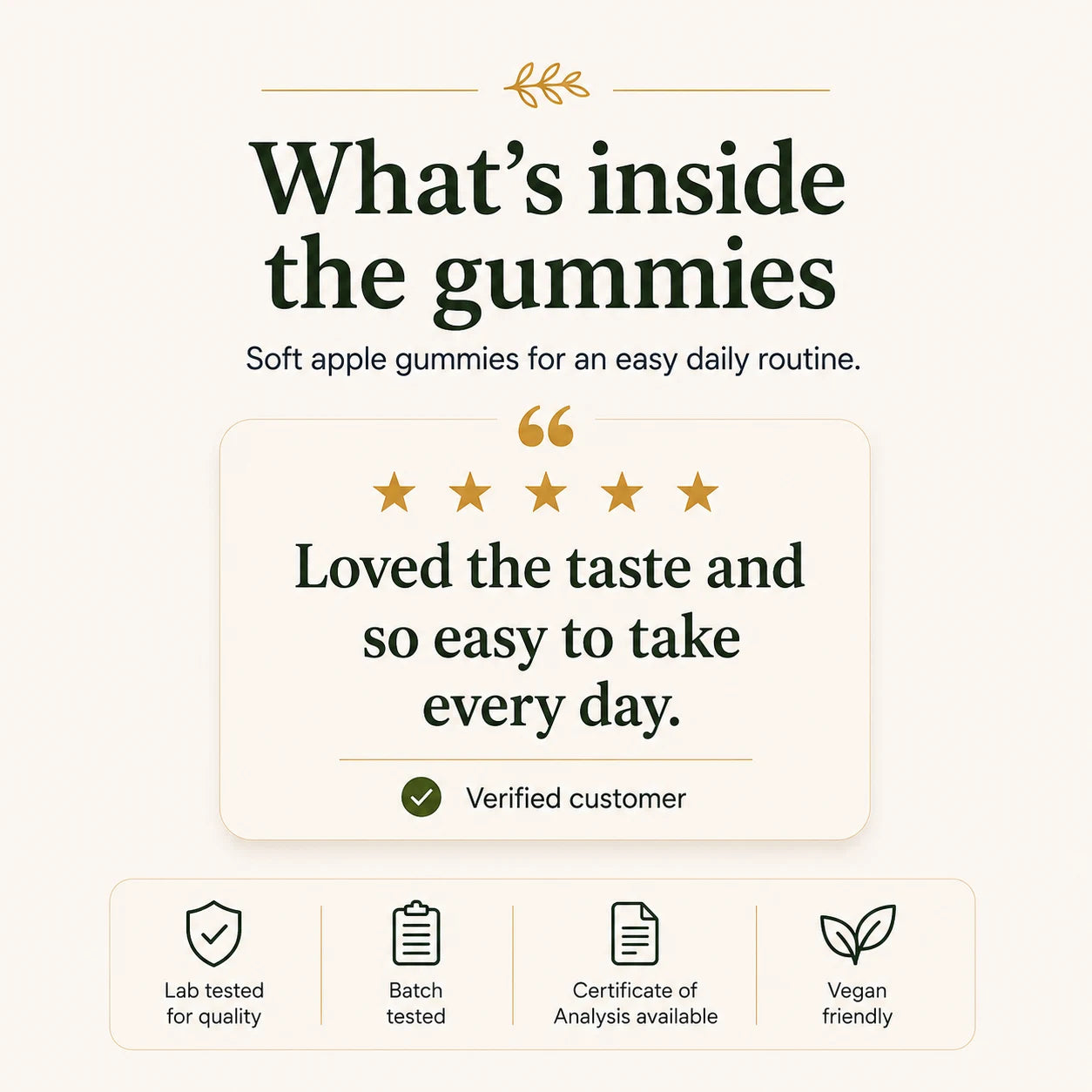 Millie’s Moss Apple Sea Moss Gummies testimonial infographic with trust icons.