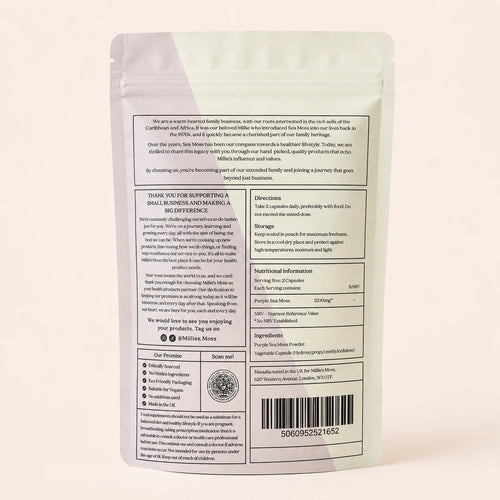 Back of Millie’s Moss Purple Sea Moss Capsules pouch showing directions, storage, ingredients, nutritional information and barcode.