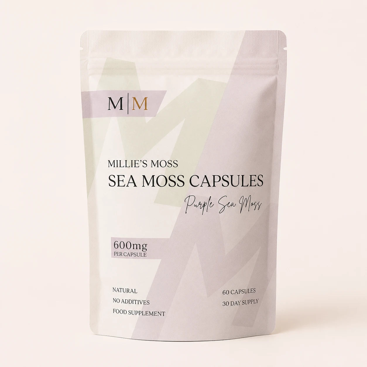 Millie’s Moss Purple Sea Moss Capsules pouch front showing 600mg per capsule, 60 capsules and 30 day supply.