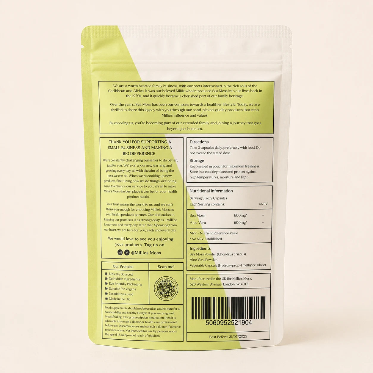 Back of Millie’s Moss Sea Moss with Aloe Vera Capsules pouch showing directions, storage, ingredients, nutritional information and barcode.