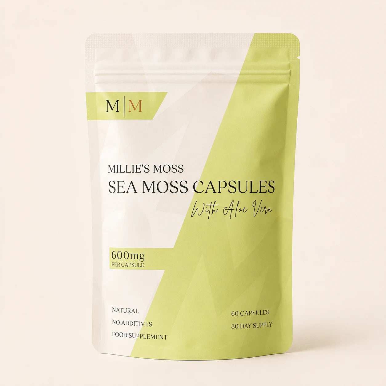 Millie’s Moss Sea Moss with Aloe Vera Capsules pouch front showing 600mg per capsule, 60 capsules and 30 day supply.