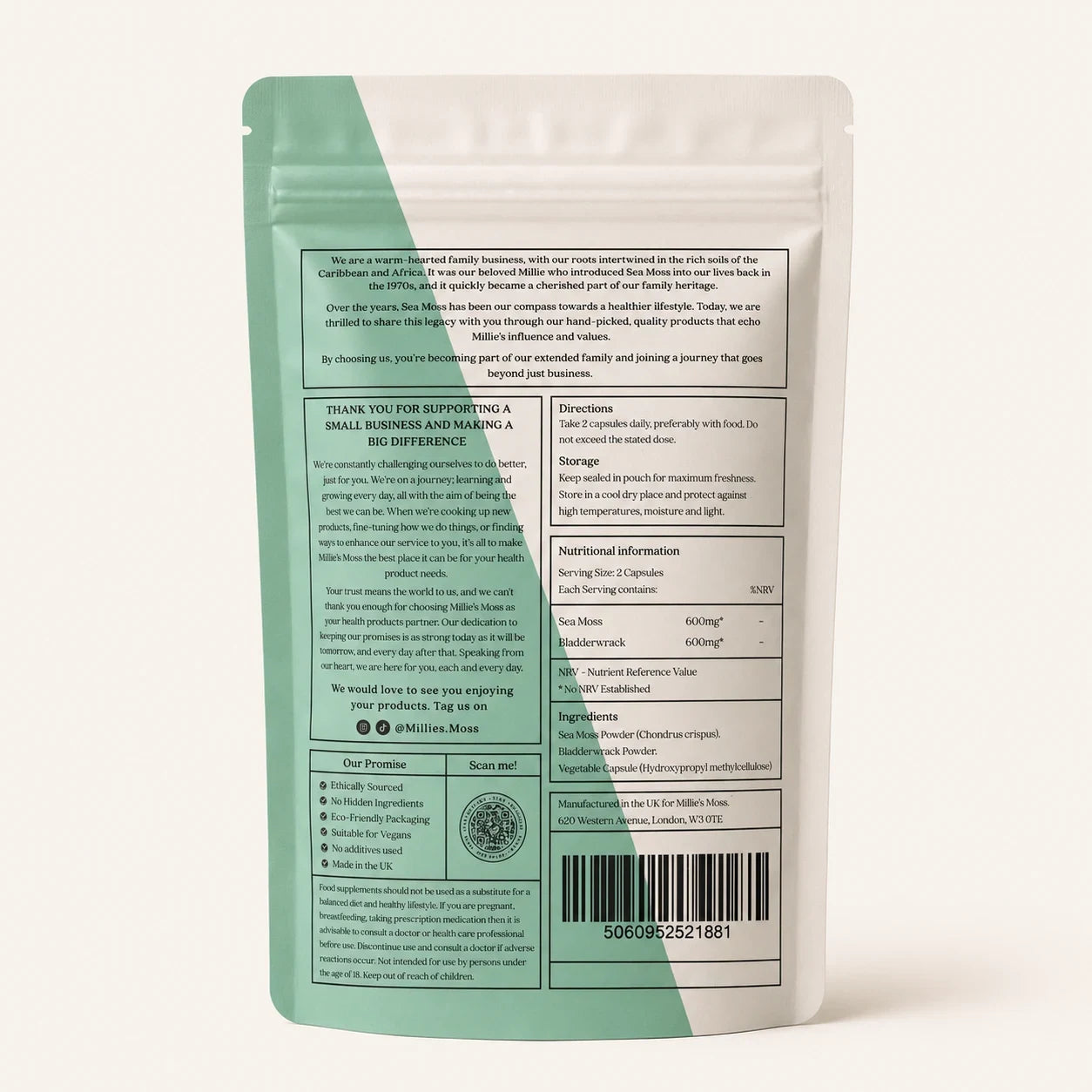 Back of Millie's Moss Sea Moss with Bladderwrack Capsules pouch showing ingredients, directions and supplement facts