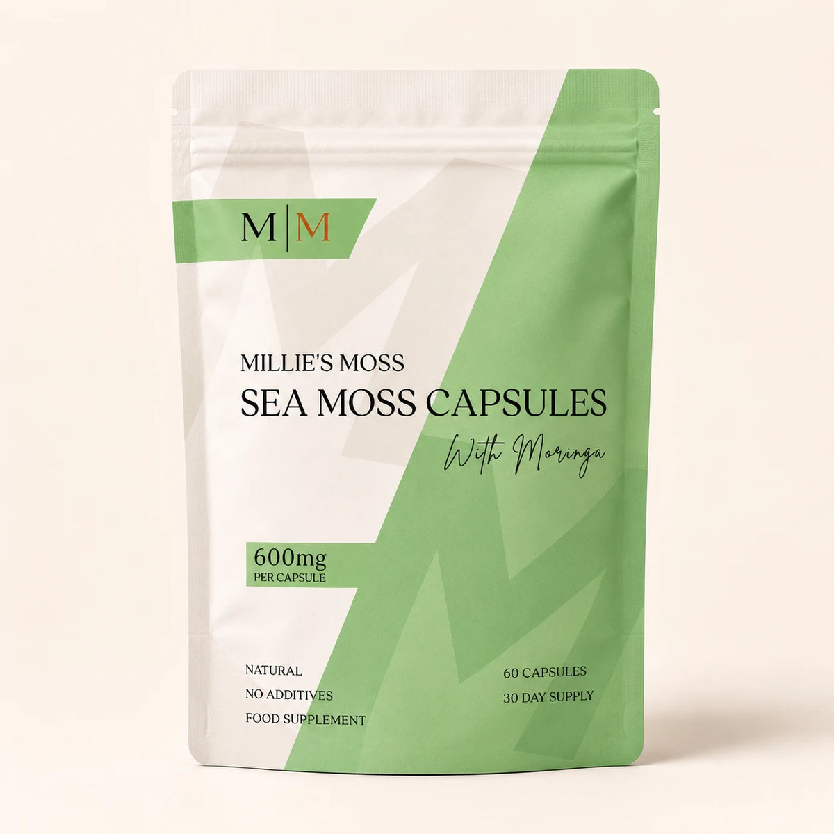 Millie’s Moss Sea Moss with Moringa Capsules pouch front showing 600mg per capsule, 60 capsules and 30 day supply.