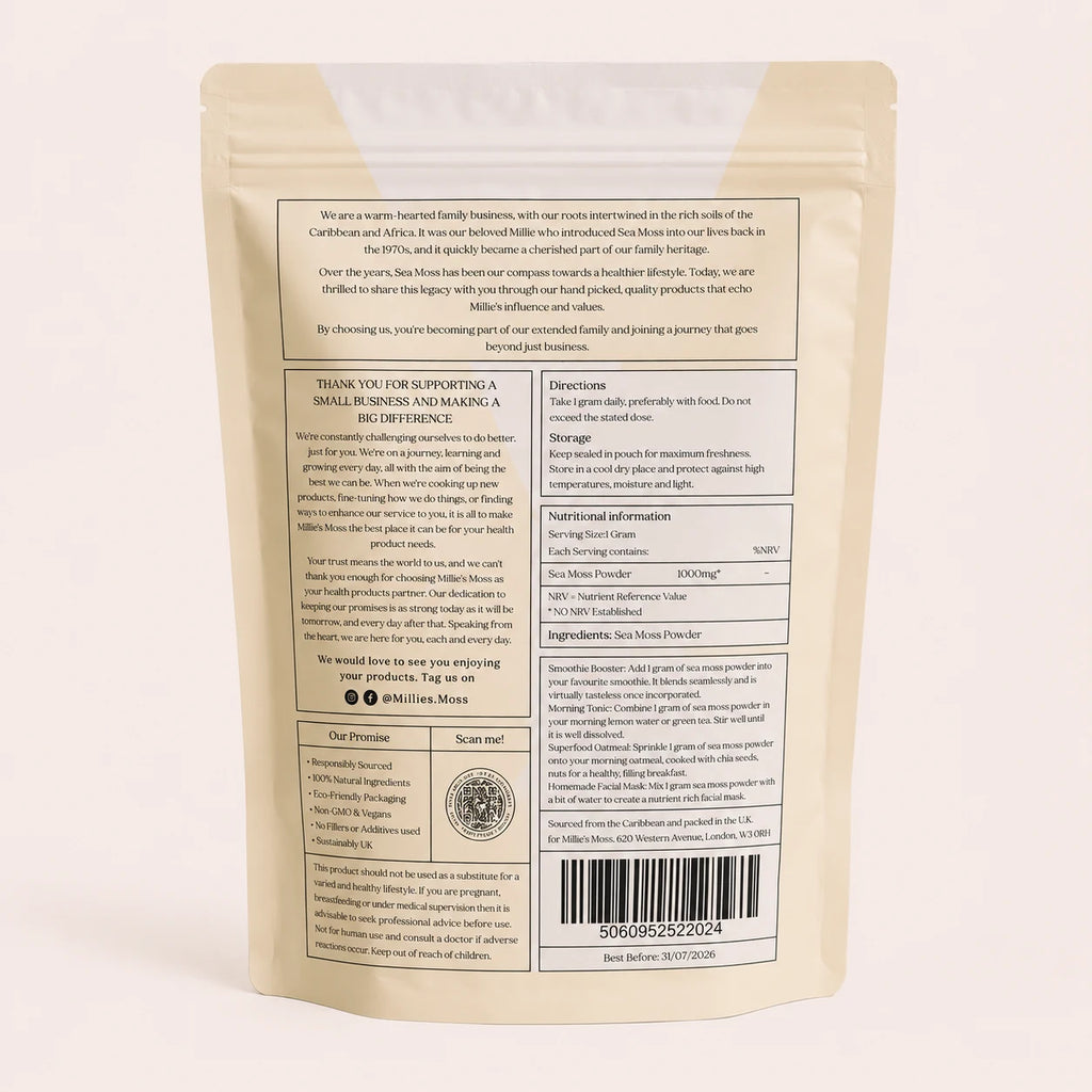 Back of Millie's Moss Premium Sea Moss Powder pouch showing product information and directions