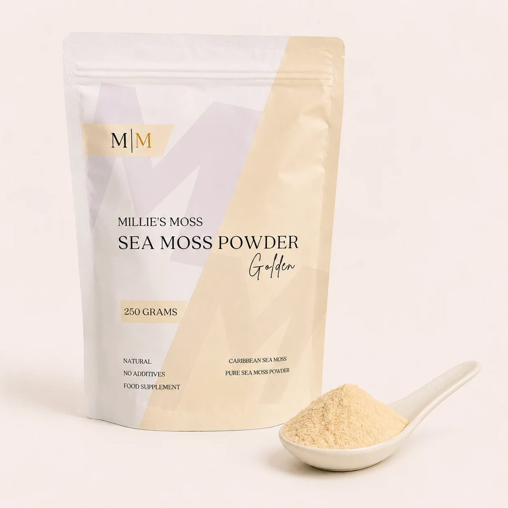Close-up of Millie's Moss Premium Sea Moss Powder showing its finely milled natural texture beside the pouch