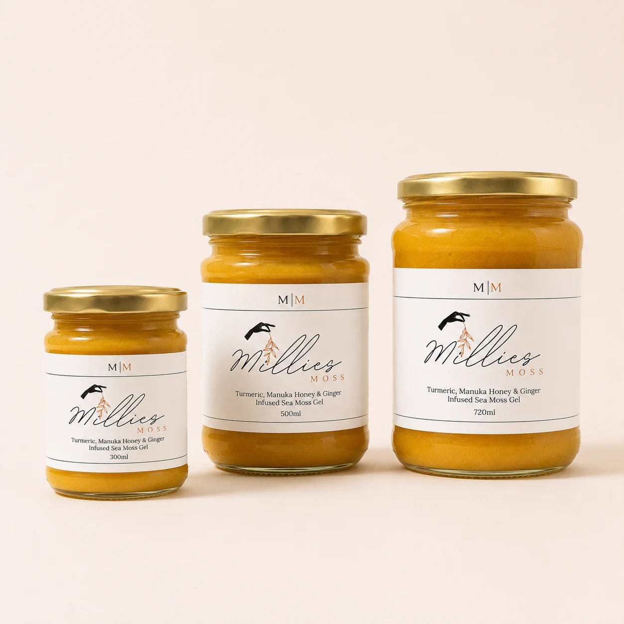 Millie's Moss Turmeric, Manuka Honey & Ginger Infused Sea Moss Gel bundle with 300ml, 500ml and 720ml jars