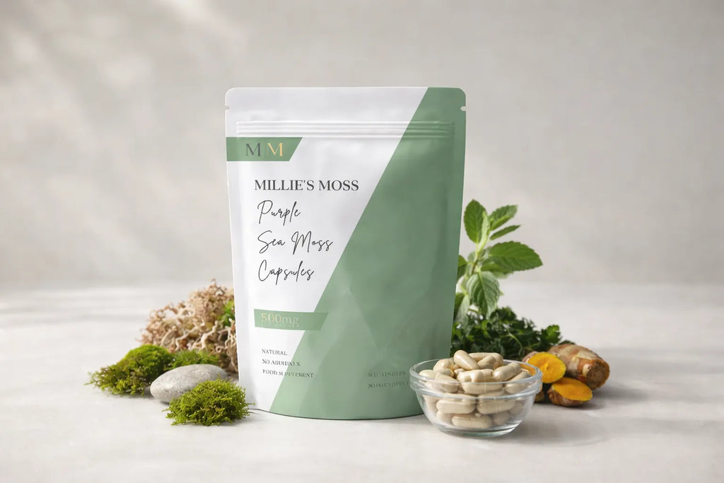 Millie’s Moss purple sea moss capsules displayed with natural herbal ingredients.