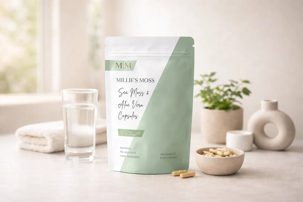 Millie’s Moss sea moss and aloe vera capsules displayed with a glass of water in a clean wellness setting.