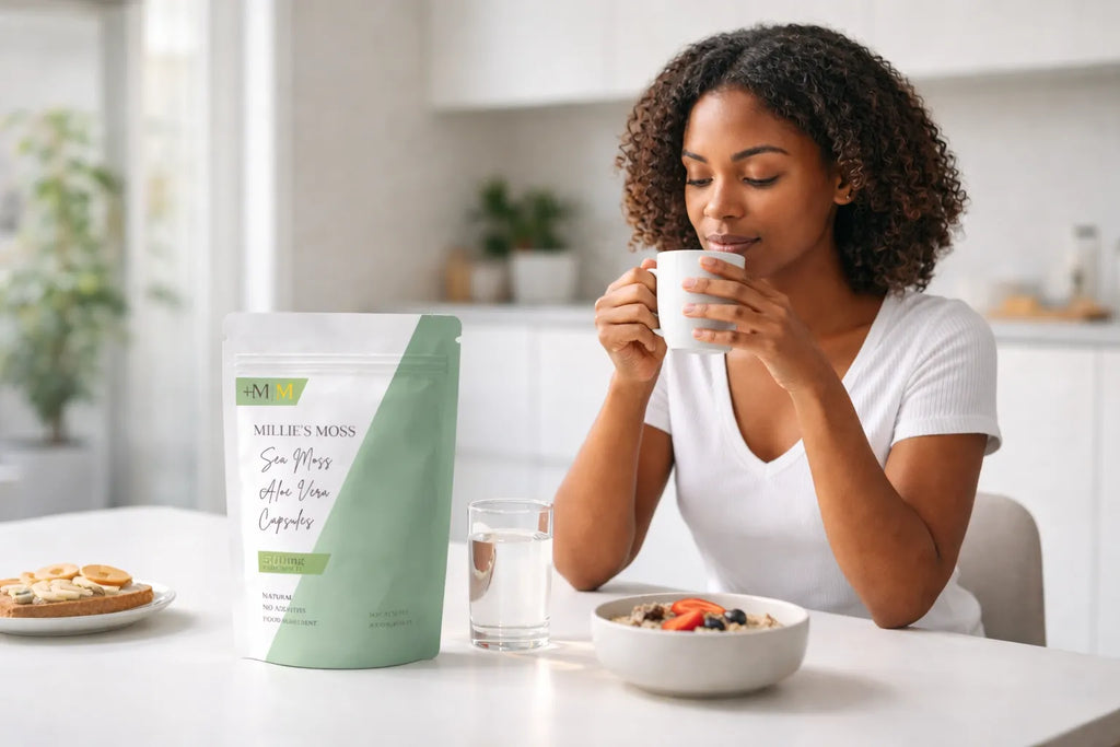 Woman enjoying tea during a morning wellness routine with Millie’s Moss sea moss and aloe vera capsules on the table.