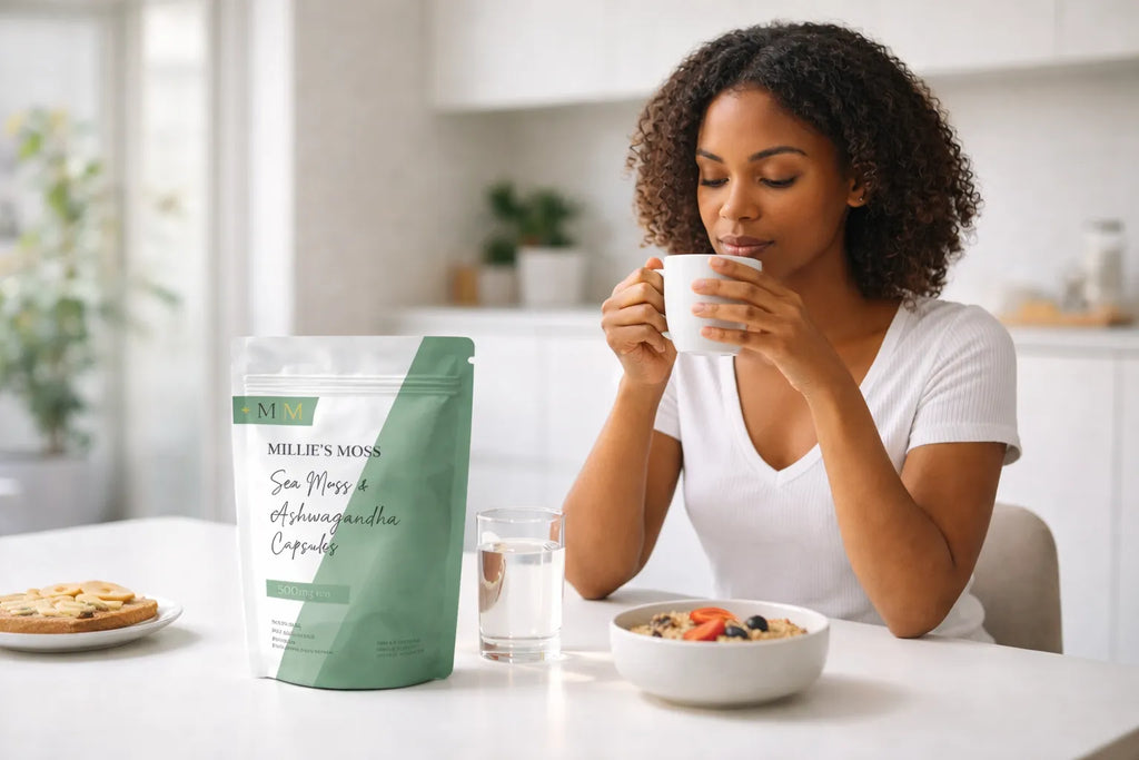 Woman enjoying tea during a morning wellness routine with Millie’s Moss sea moss and ashwagandha capsules on the table.