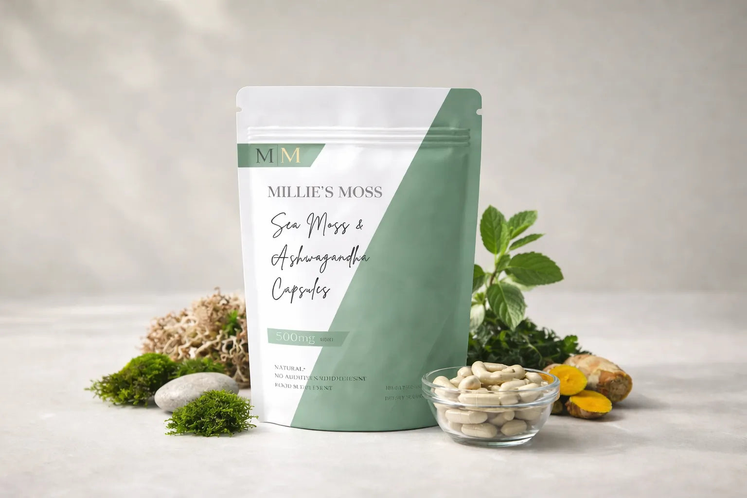 Millie’s Moss sea moss and ashwagandha capsules displayed with natural herbal ingredients.