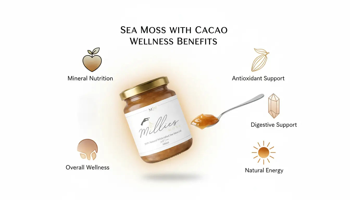 Millies Moss sea moss gel with cacao highlighting wellness benefits including mineral nutrition antioxidant support digestive health and natural energy