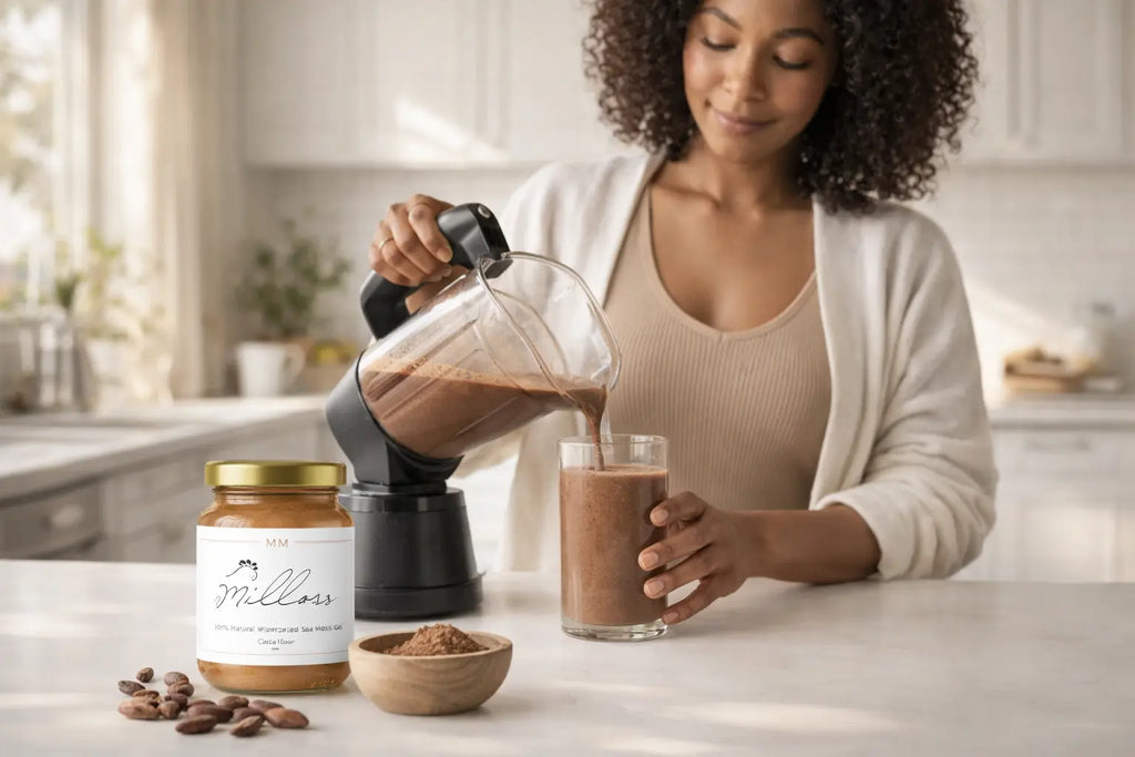 Woman pouring cacao sea moss smoothie into glass with Millies Moss sea moss gel and cacao powder on kitchen counter