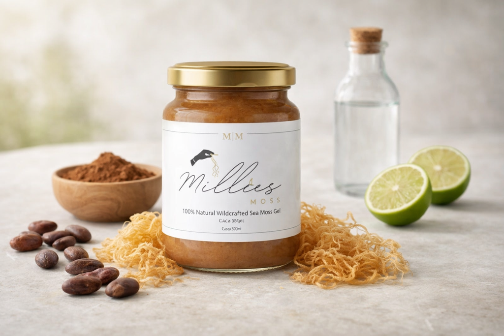Millies Moss cacao sea moss gel jar with raw cacao powder cocoa beans lime and wild sea moss ingredients