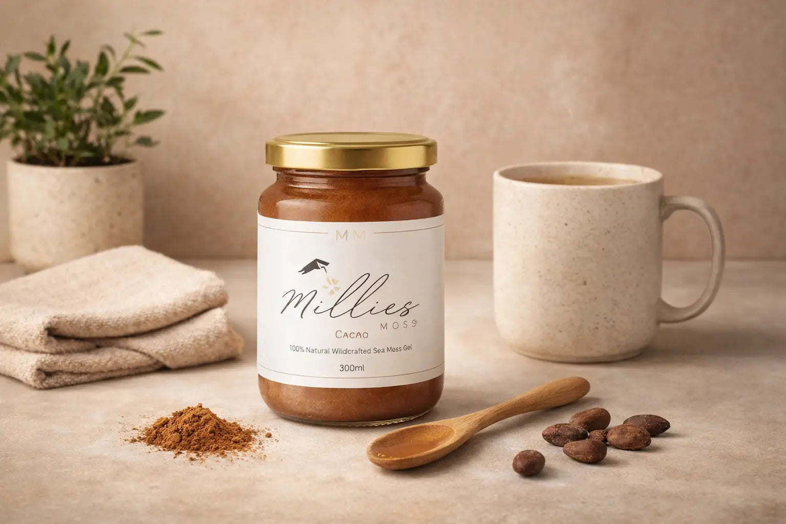 Jar of Millies Moss cacao sea moss gel with cacao powder cocoa beans and warm wellness drink on neutral background