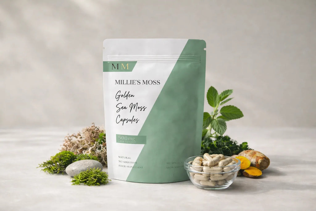 Millie’s Moss sea moss capsules displayed with natural herbal ingredients.