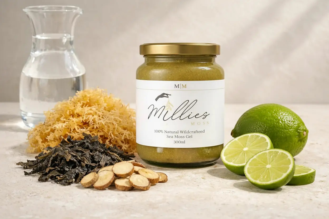 Millies Moss wildcrafted sea moss gel with dried sea moss, lime and natural ingredients