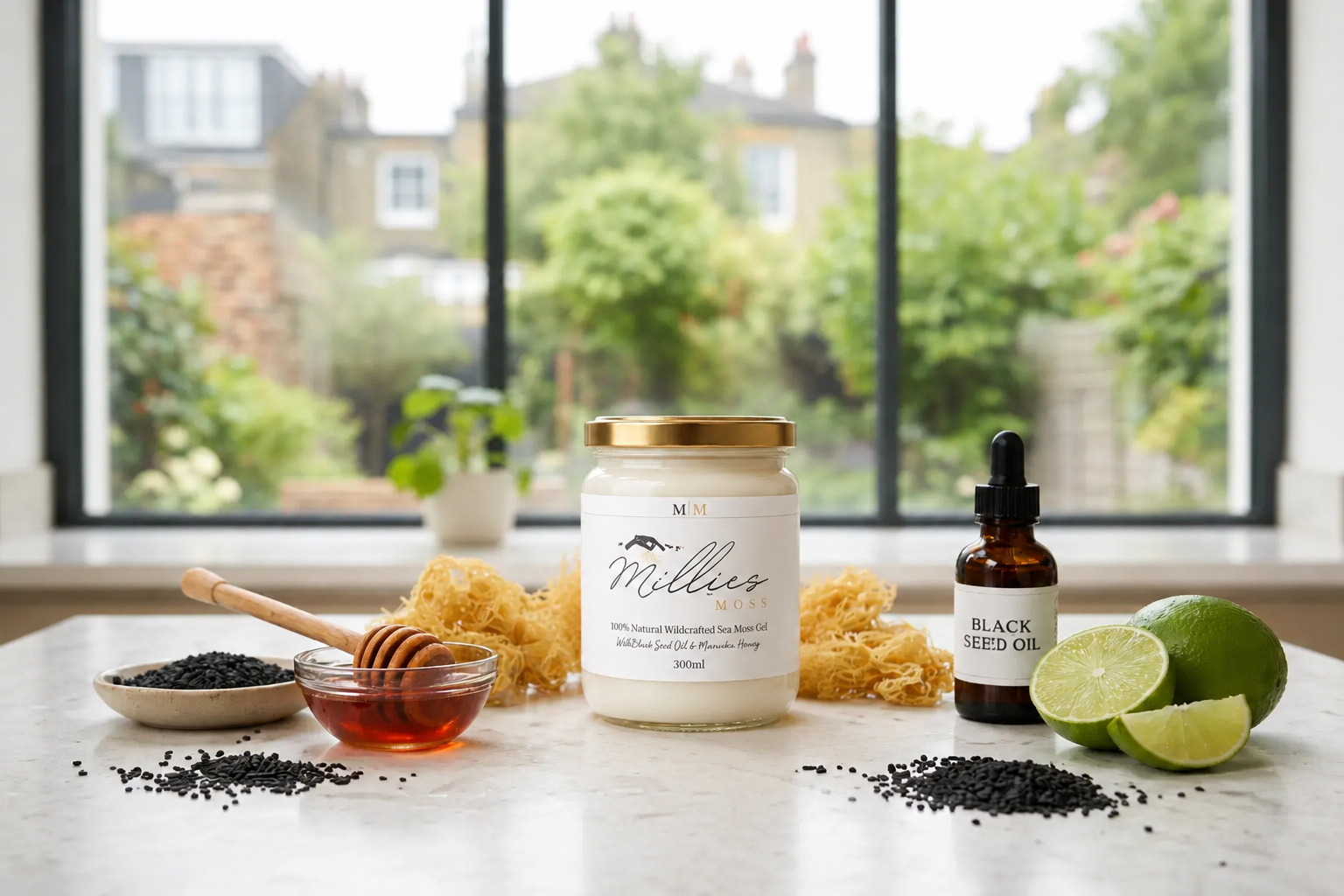 Millie’s Moss sea moss gel jar with black seed oil, honey, lime, raw sea moss and black seeds on a kitchen counter.