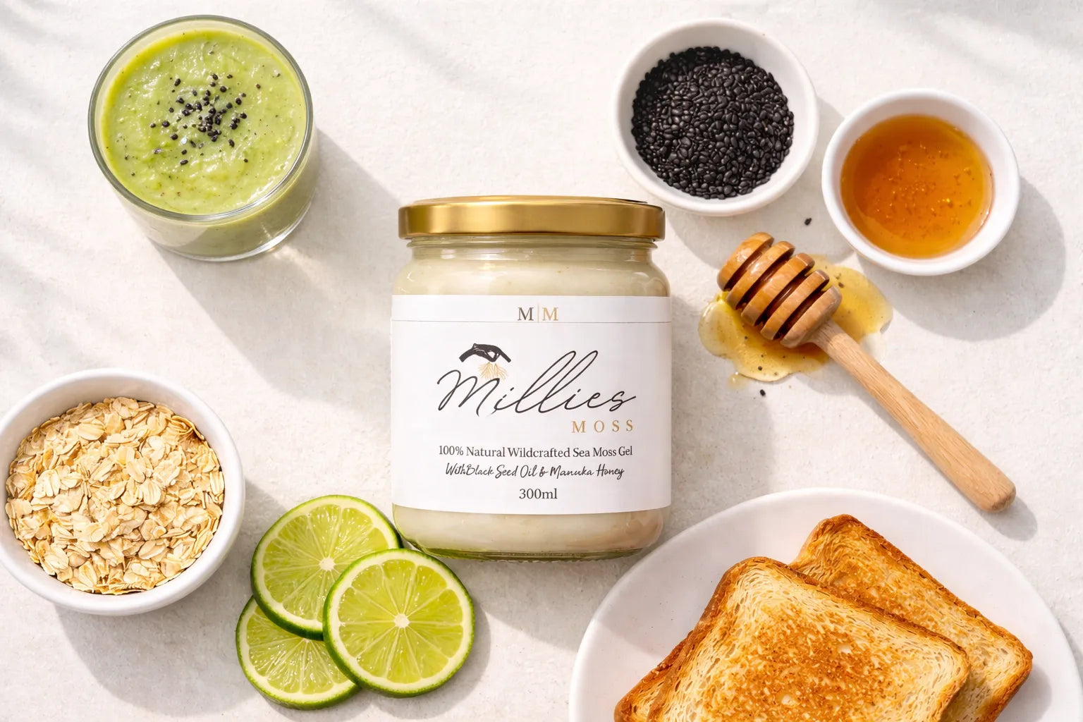 Millie’s Moss sea moss gel jar with a smoothie, oats, lime, honey, chia seeds and toast on a light surface.