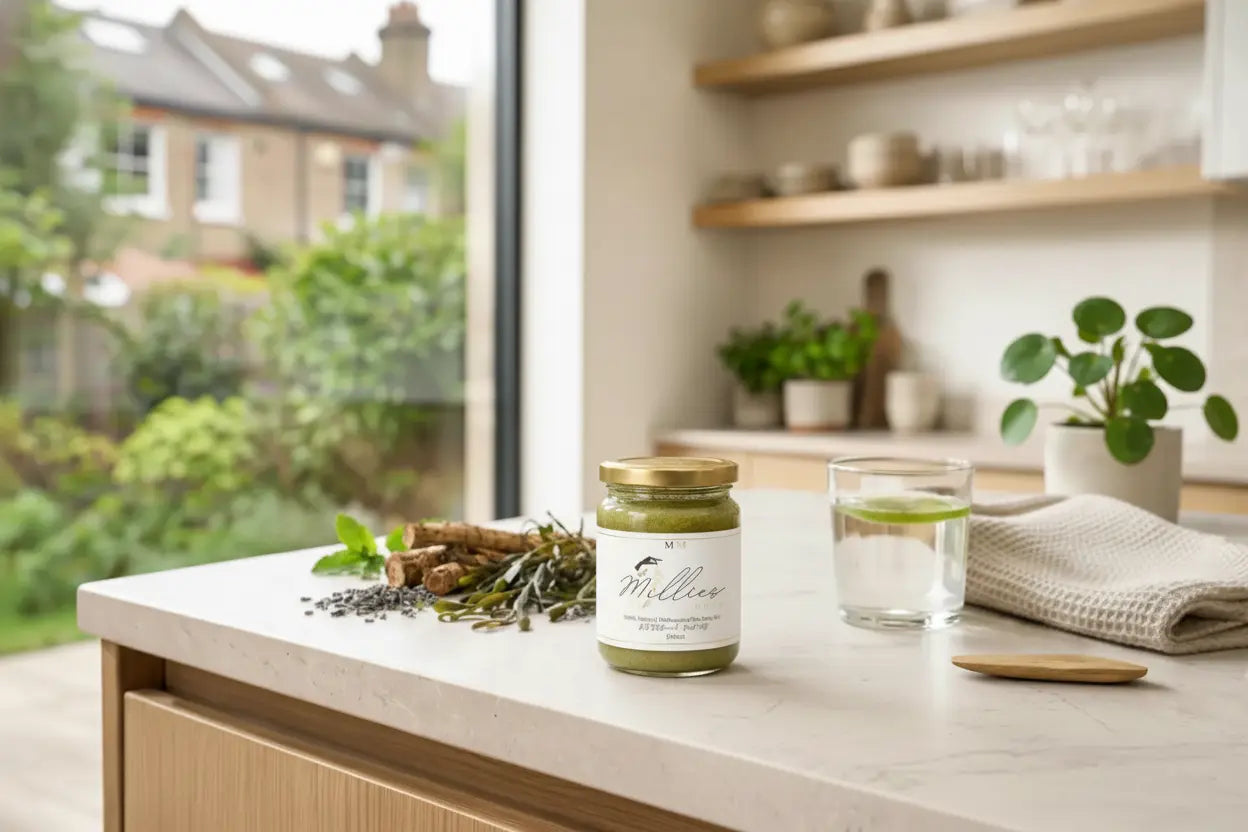 Sea moss gel jar on kitchen counter with water and herbs for daily wellness routine