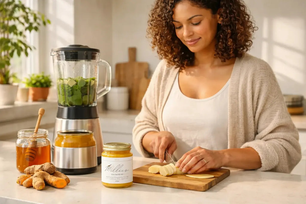 Woman preparing a green smoothie with sea moss gel, banana and fresh ingredients in a bright kitchen