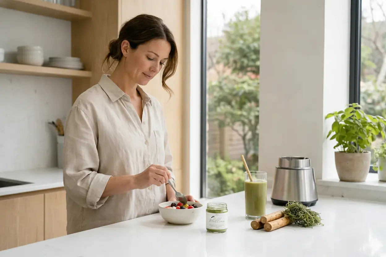 Woman enjoying a healthy breakfast bowl with sea moss gel in a modern kitchen
