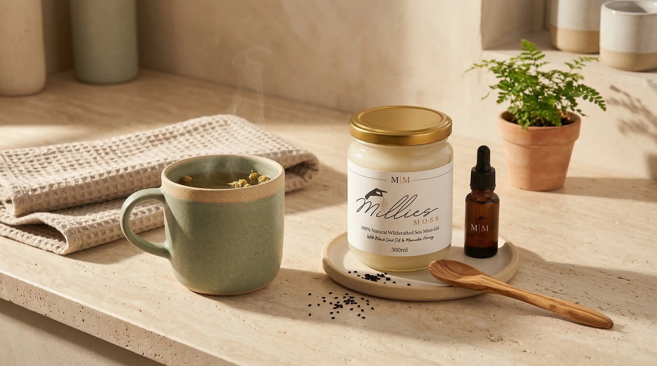 Sea moss gel jar next to a warm herbal tea cup with wellness ingredients and natural kitchen setting