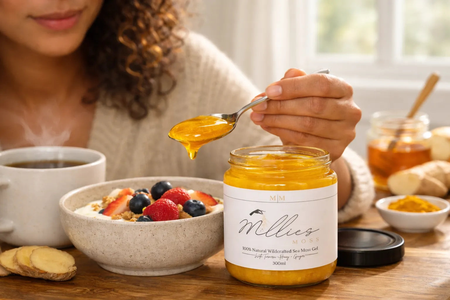 Sea moss gel with turmeric, honey and ginger being added to a healthy breakfast bowl with berries and yogurt