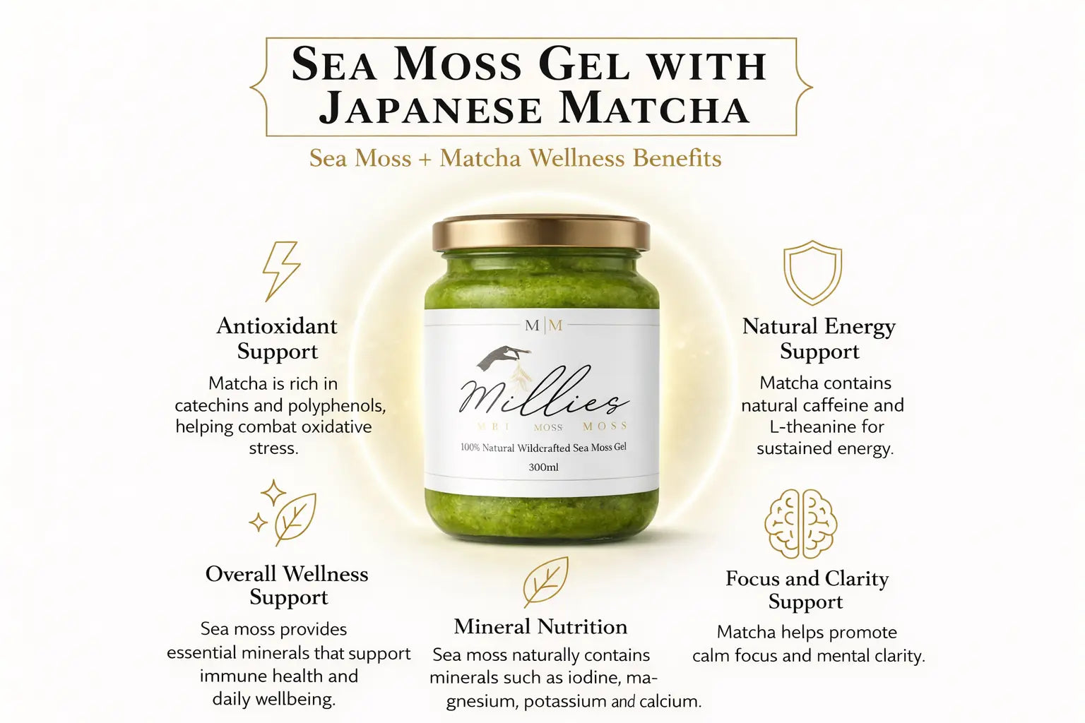 Millies sea moss gel with Japanese matcha infographic showing antioxidant support energy focus mineral nutrition and overall wellness benefits