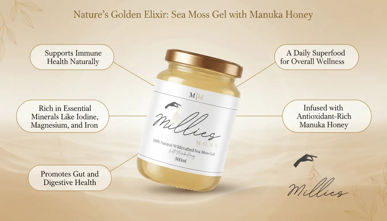 Sea moss gel with Manuka honey showing key wellness benefits including immune support, digestive health and essential minerals