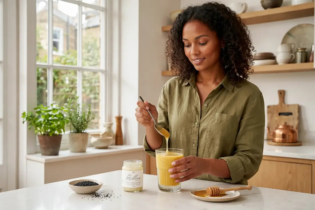 Woman stirring a smoothie with Millie’s Moss sea moss gel, black seeds and honey on a bright kitchen counter.