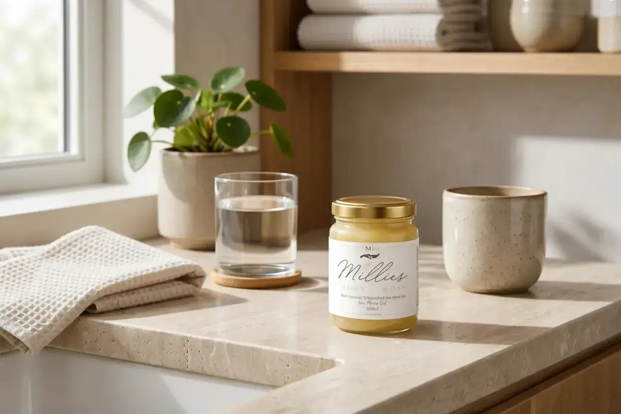 Sea moss gel with Manuka honey shown alongside raw dried sea moss, lime, and natural honey ingredients