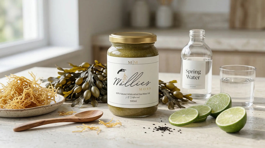 Sea moss gel jar with fresh sea moss lime slices spring water and natural ingredients on a kitchen counter