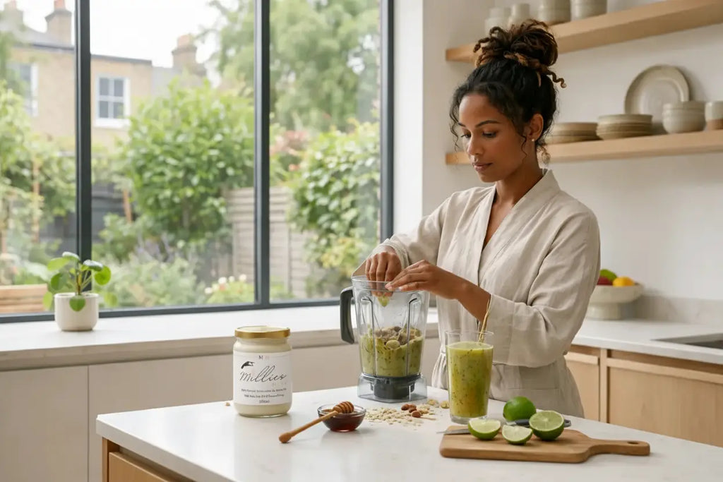 Woman preparing a green smoothie with Millie’s Moss sea moss gel, lime and natural ingredients in a bright kitchen.