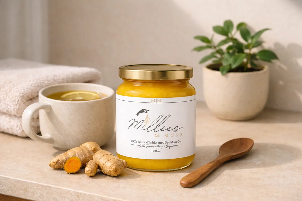 Sea moss gel with turmeric, honey and ginger served with herbal tea for daily wellness