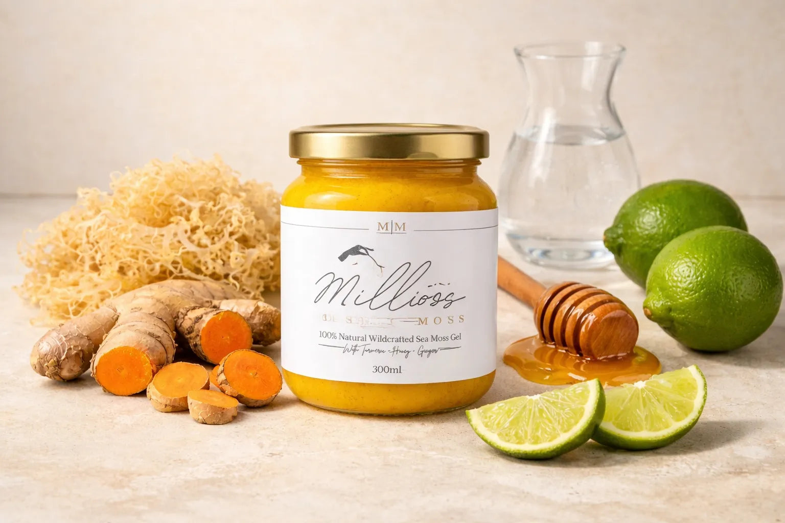 Sea moss gel jar with turmeric, ginger, lime and honey showing natural superfood ingredients