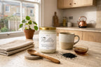 Millie’s Moss sea moss gel jar with a mug, spoon, honey, black seeds, towel and plant on a warm kitchen counter.
