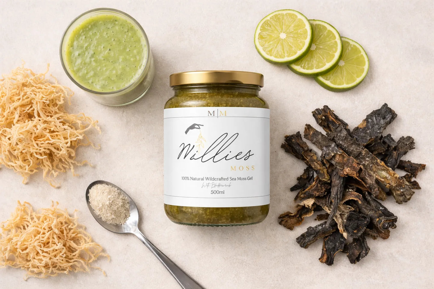 Sea moss gel jar surrounded by raw sea moss lime slices and blended sea moss smoothie ingredients
